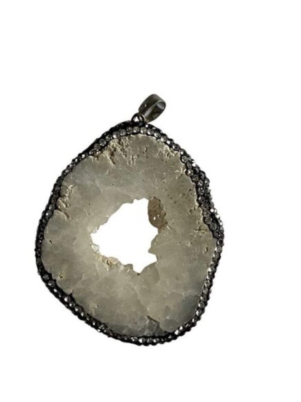 White Druzy Agate Geode Pendant CZ Rhinestone Pave